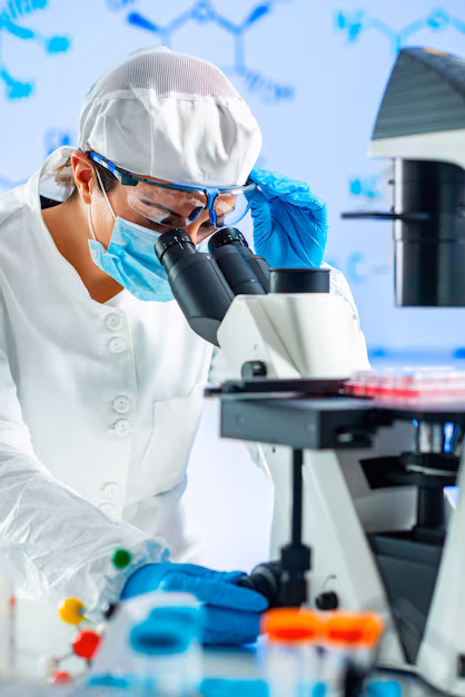 Laboratory research with microscope and glassware